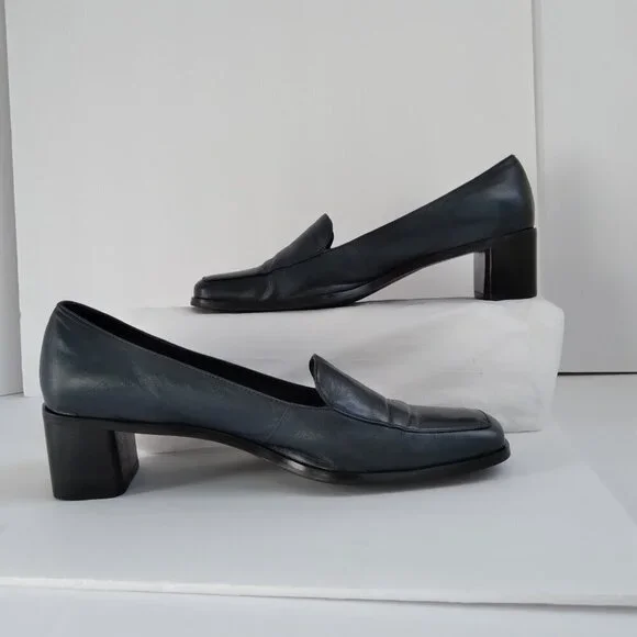 Stylish 90's Navy Leather 'Status' Slip On Square Toe Block Heel Shoes Sz 8.5 - Picture 8 of 10